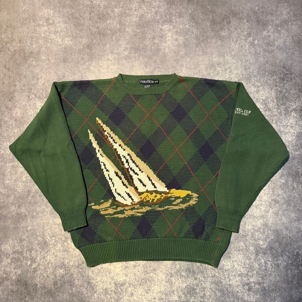 VTG‎ Nautica Cup Scotland Mens Green Argyle Sailboat Cotton Knit Sweater Medium